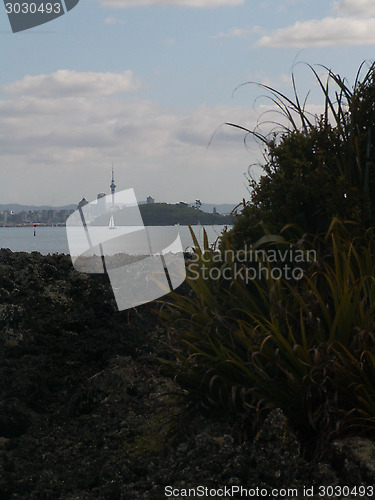 Image of Sky Tower Framed By Volcanic Island