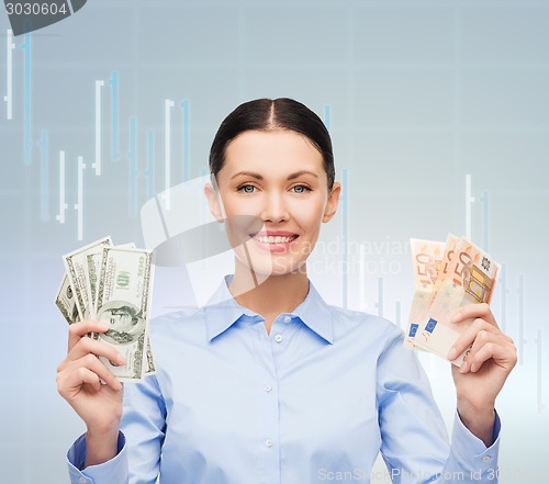 Image of businesswoman with dollar and euro cash money