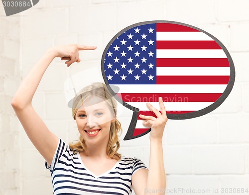 Image of smiling woman with text bubble of american flag