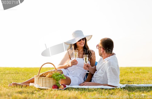 Image of smiling couple drinking champagne on picnic