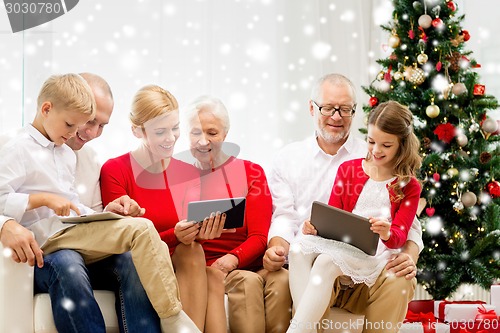 Image of smiling family with tablet pc computers at home