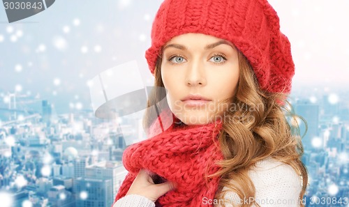 Image of close up of young woman in winter clothes