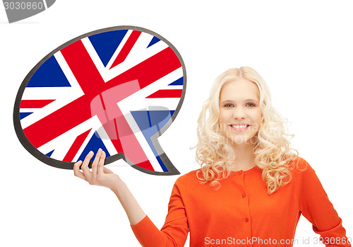 Image of smiling woman with text bubble of british flag