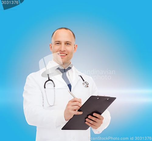 Image of smiling male doctor with clipboard and stethoscope