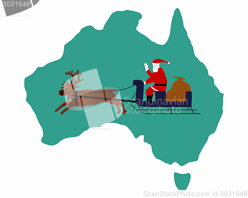 Image of Santa Claus riding on his reindeer sleigh high above the australian continent