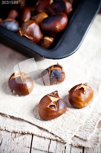 Image of roasted chestnuts in a pan