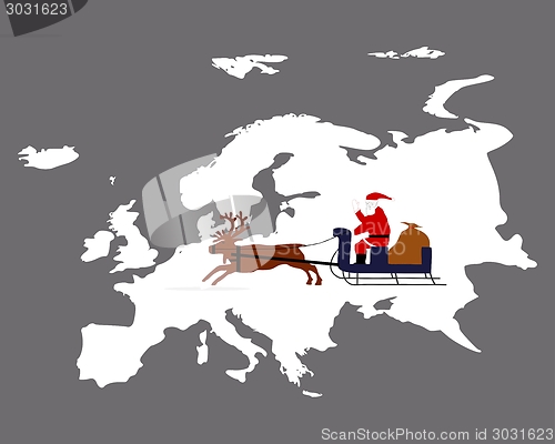 Image of Santa Claus is riding with his reindeer sleigh high above the european continent