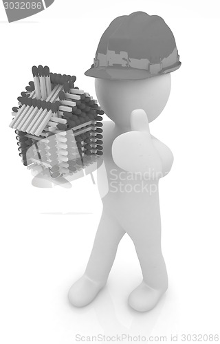 Image of 3d architect man in a hard hat with thumb up with log house from