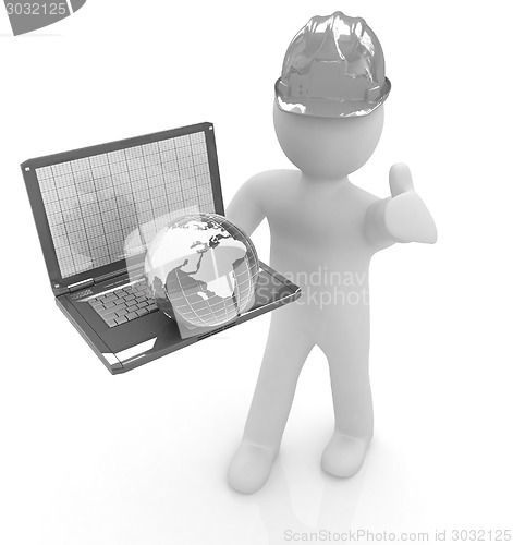 Image of 3D small people - an international engineer with the laptop and 