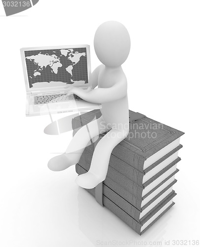 Image of 3d man sitting on books and working at his laptop 