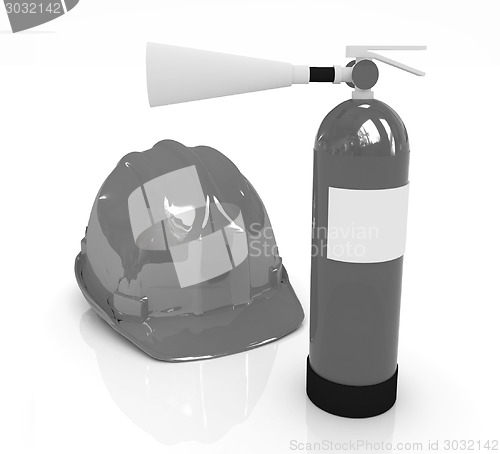 Image of Red fire extinguisher and hardhat 