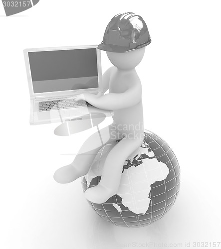 Image of 3d man in a hard hat sitting on earth and working at his laptop