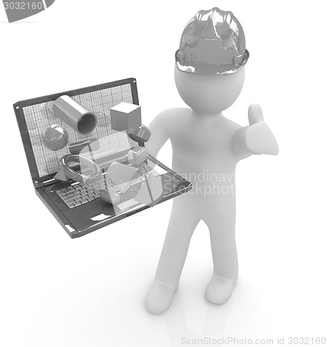 Image of 3D small people - an engineer with the laptop presents 3D capabi