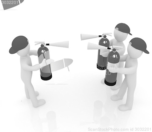 Image of 3d mans with red fire extinguisher. The concept of confrontation