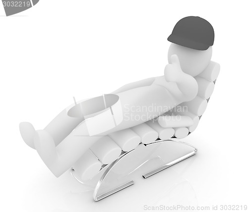 Image of 3d white man lying chair with thumb up