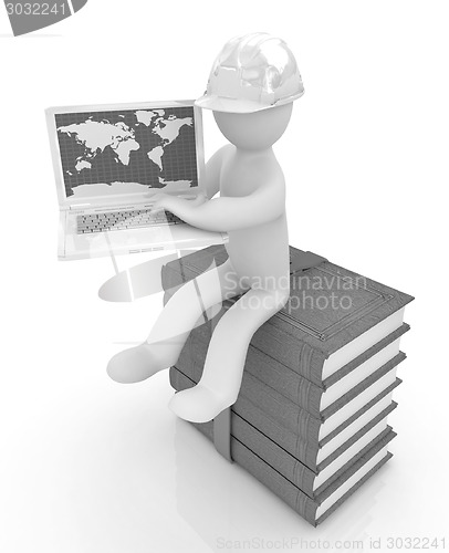 Image of 3d man in hard hat sitting on books and working at his laptop 