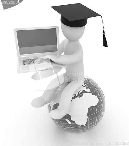 Image of 3d man in graduation hat sitting on earth and working at his lap