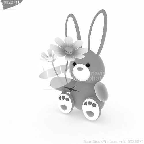 Image of soft toy hare with a little red hearts on white paws and cosmos 