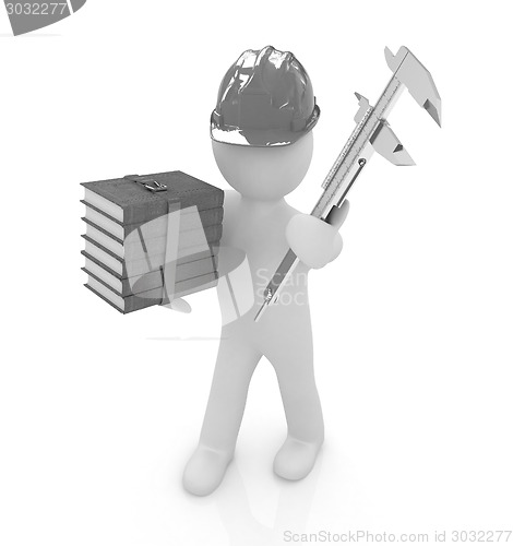 Image of 3d man engineer in hard hat with vernier caliper and best techni