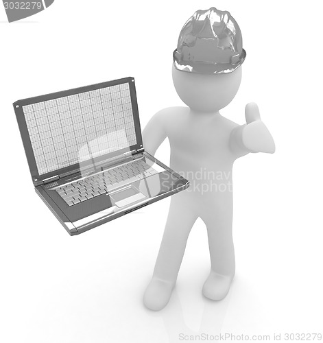 Image of 3D small people - an engineer with the laptop 