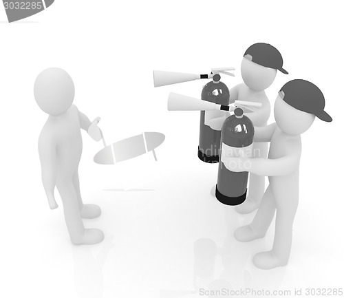 Image of 3d mans with red fire extinguisher. The concept of confrontation