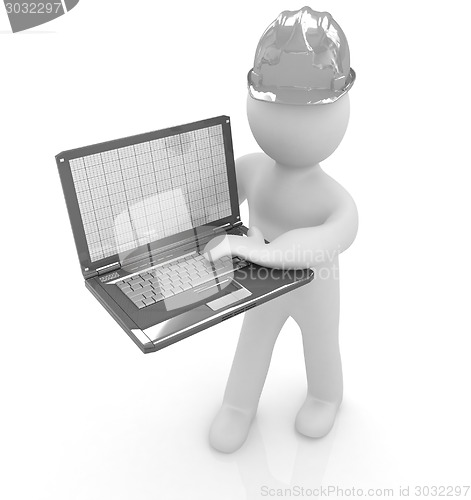 Image of 3D small people - an engineer with the laptop 