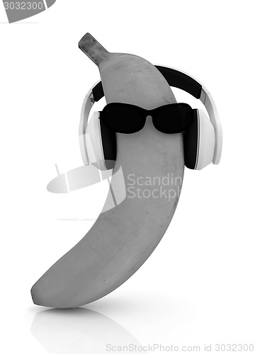 Image of banana with sun glass and headphones front "face"