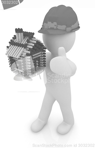 Image of 3d architect man in a hard hat with thumb up with log house from