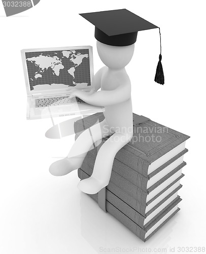 Image of 3d man in graduation hat sitting on books and working at his lap