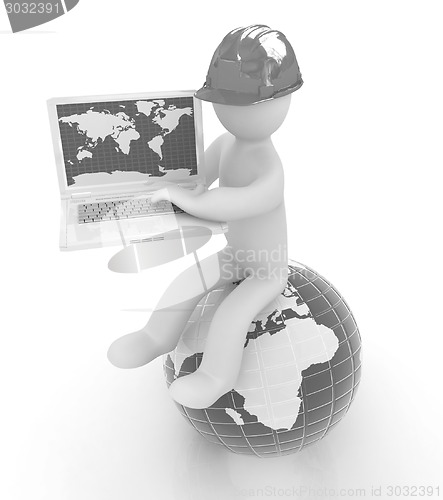 Image of 3d man in a hard hat sitting on earth and working at his laptop 