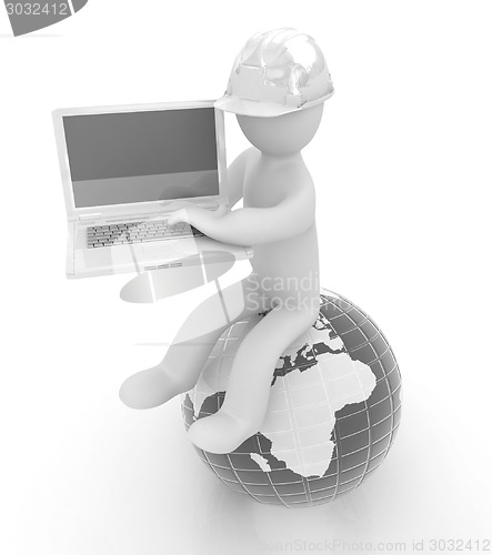 Image of 3d man in a hard hat sitting on earth and working at his laptop