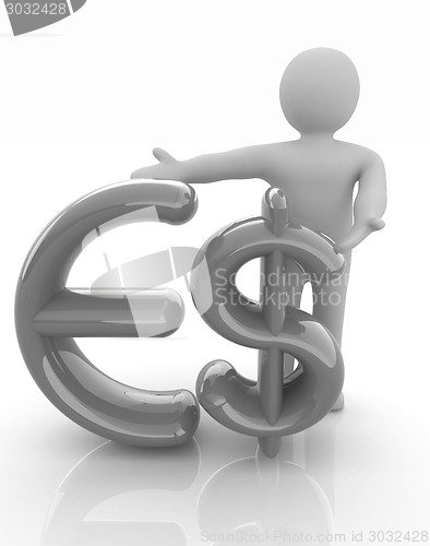 Image of 3d people - man, person presenting - dollar and euro sign