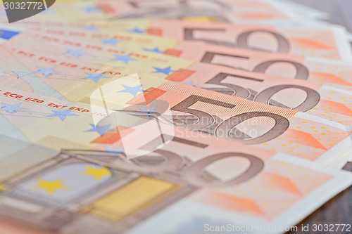 Image of Close-up of 50 Euro banknotes on the table