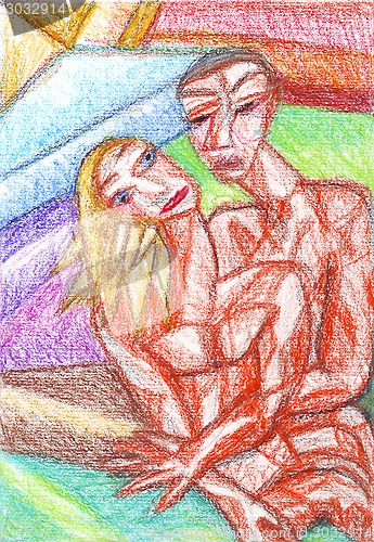 Image of Couple cubism oil pastel painting