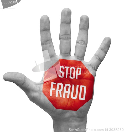 Image of Stop Fraud Sign Painted, Open Hand Raised.