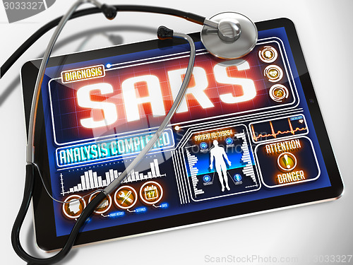 Image of SARS Diagnosis on the Display of Medical Tablet.