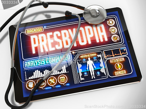Image of Presbyopia Diagnosis on the Display of Medical Tablet.