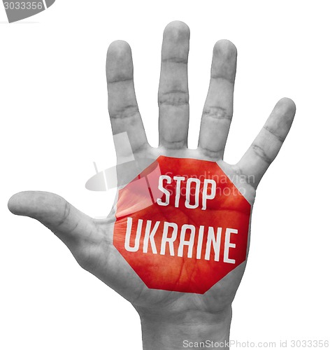 Image of Stop Ukraine Sign Painted, Open Hand Raised.