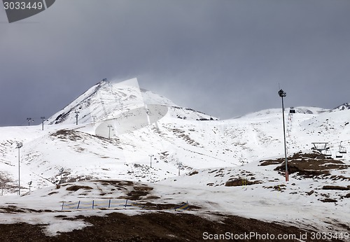 Image of Ski slopes in little snow year at bad weather day