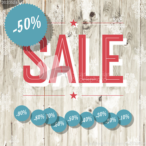 Image of Sale retro poster. Template with wooden texture and different di