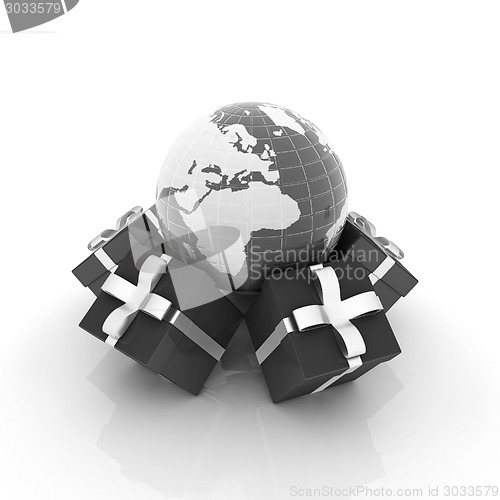 Image of Traditional Christmas gifts and earth. Global holiday concept 