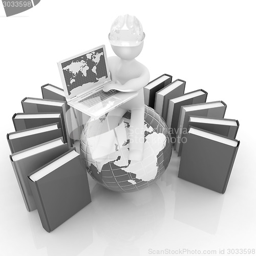 Image of 3d man in hard hat sitting on earth and working at his laptop an