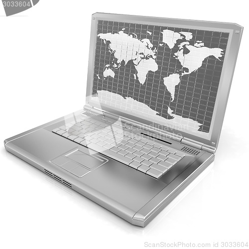 Image of Gold laptop with world map on screen 