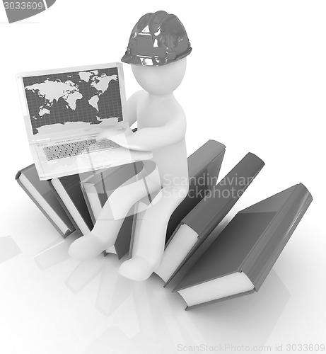Image of 3d man in hard hat sitting on books and working at his laptop 