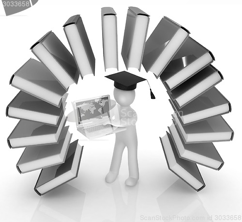 Image of Colorful books like the rainbow and 3d man in a graduation hat w