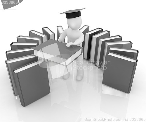 Image of 3d white man in a graduation hat with useful books - best gift a