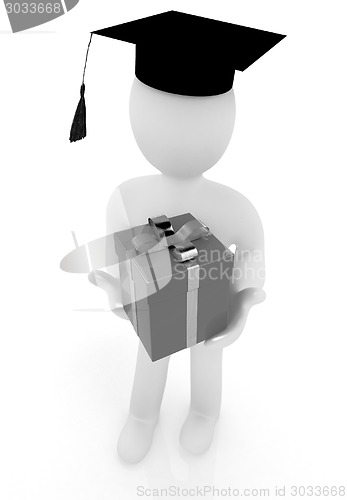 Image of 3d man in graduation hat with gift on a white background