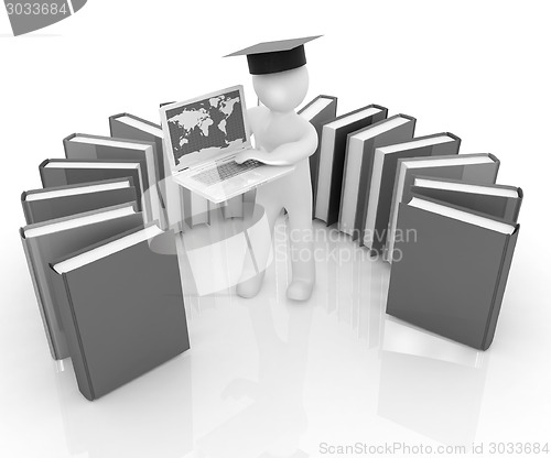 Image of 3d man in graduation hat working at his laptop and books 