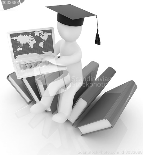 Image of 3d man in graduation hat sitting on books and working at his lap