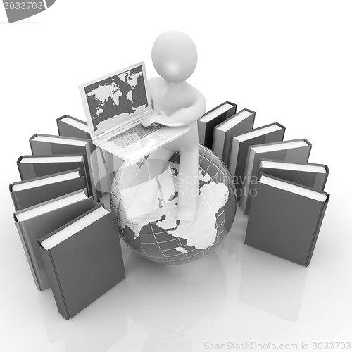 Image of 3d man sitting on earth and working at his laptop and books arou